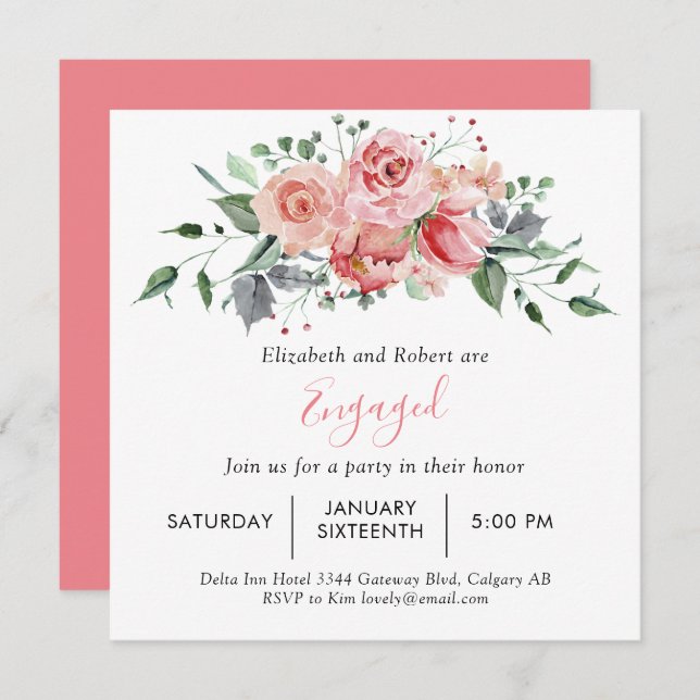 Engagement Party Blush Pink Rose Script Floral Invitation (Front/Back)