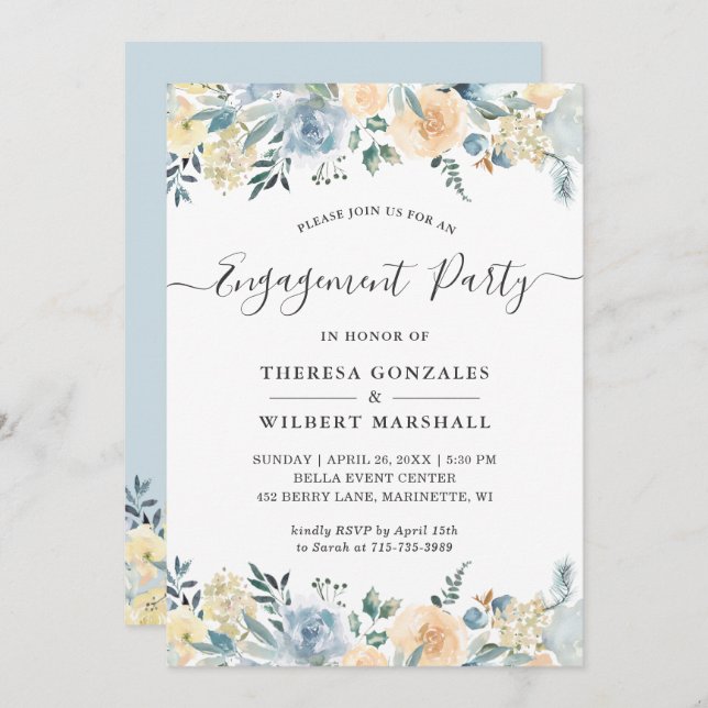 Engagement Party Bohemian Vanilla Blue Floral Invitation (Front/Back)