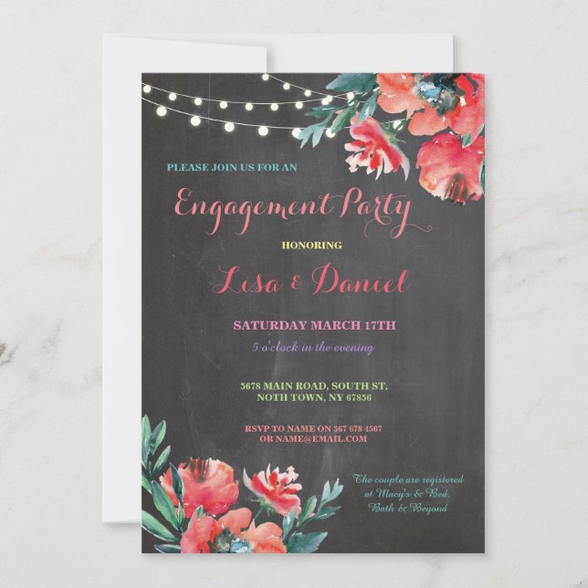 Engagement Party Chalkboard Floral Red Invitation (Front)