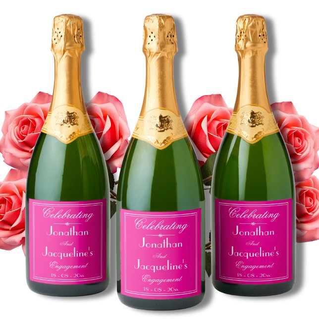 Engagement Party Chic Script Elegant Magenta Sparkling Wine Label (For a Perfect Engagement Party - Chic Script Elegant Magenta Sparkling Wine Labels.)