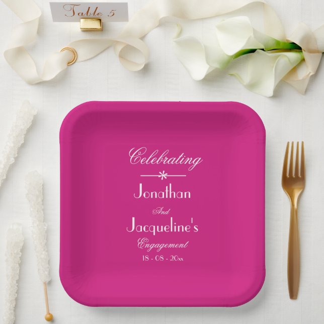 Engagement Party Chic Script Names Modern Magenta Paper Plate (Wedding)