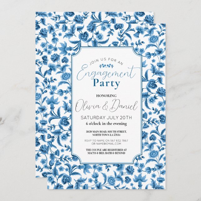 Engagement Party  Chintz Blue & White Floral Ditsy Invitation (Front/Back)
