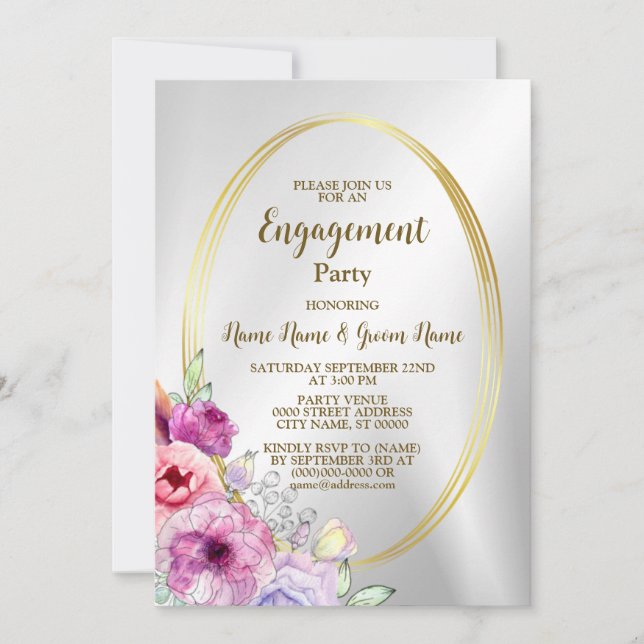 Engagement Party Colourful Pink Floral Golden Fram Invitation (Front)