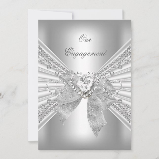 Engagement Party Diamond Heart White Silver Bow 2 Invitation (Front)