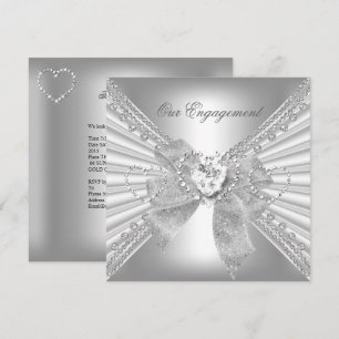 Engagement Party Diamond Heart White Silver Bow Invitation