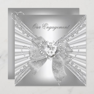 Engagement Party Diamond Heart White Silver Bow Invitation