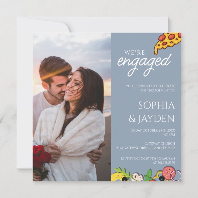 Engagement Party Dusty Blue PIZZA Modern Invitation (Front)