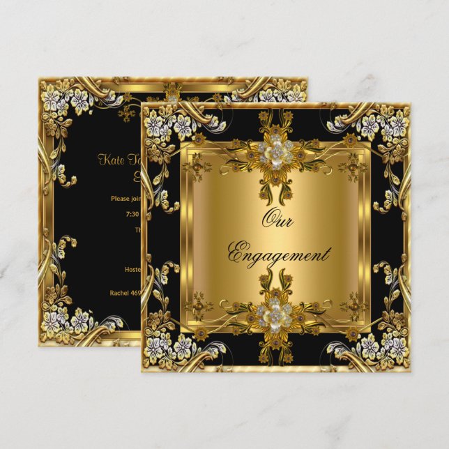 Engagement Party Elegant Gold Floral Jewel Black Invitation (Front/Back)