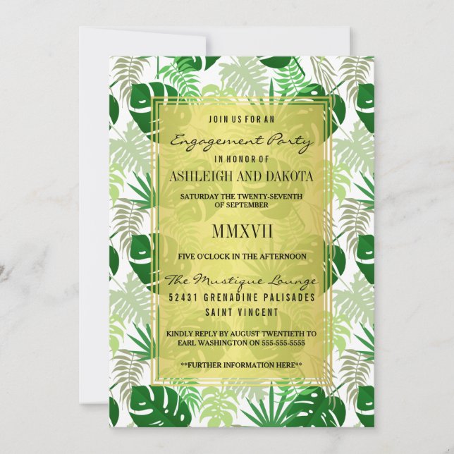 Engagement Party | Exotic Green Tropical Leaves Invitation (Front)