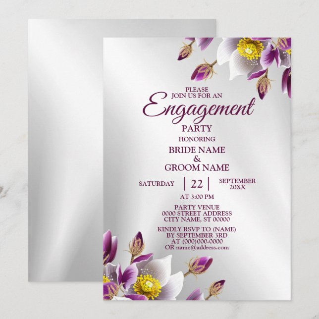 Engagement Party Floral Pink Purple Silver Elegant Invitation (Front/Back)