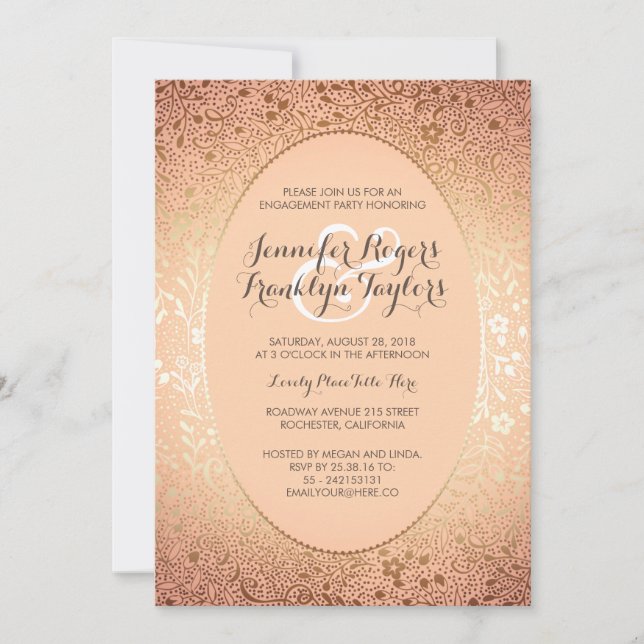 Engagement Party Gold Floral Vintage Peach Invitation (Front)