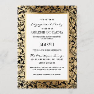 Engagement Party Golden Floral Damask on Black Invitation