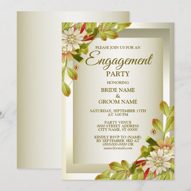 Engagement Party Green Foliage White Floral Golden Invitation (Front/Back)