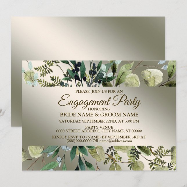 Engagement Party Greenery Leaves Golden Bronze Invitation (Front/Back)