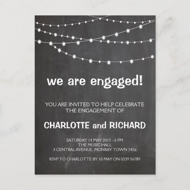 Engagement party invitation chalkboard and lights postcard (Front)