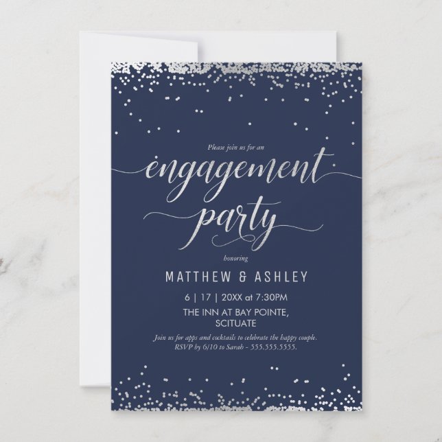 Engagement Party Invitation - Elegant Silver, Navy (Front)