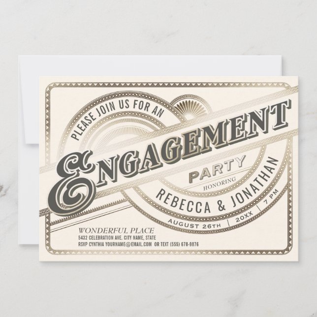 Engagement Party Invitations - Retro White Gold (Front)