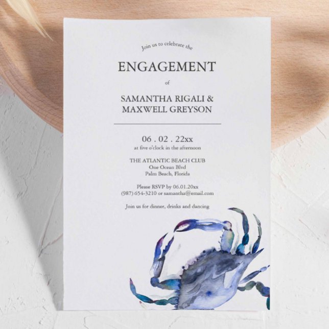Engagement Party Invitations Watercolor Crab (Beach theme crab invites for engagement feature a unique crab design and art by Victoria Grigaliunas)