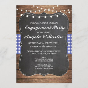 Engagement Party Lights Blue Check Wood Invite