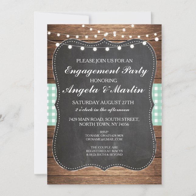 Engagement Party Lights Mint Check Wood Invite (Front)