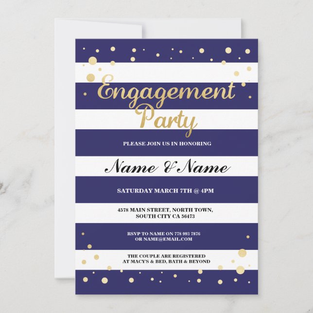 Engagement Party Navy Stripe Gold Glitter Invite (Front)