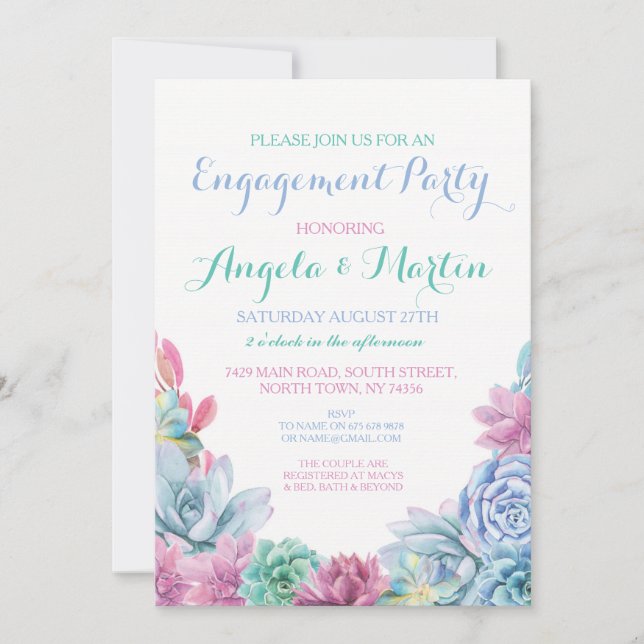 Engagement Party Pink Blue Succulents Invite (Front)
