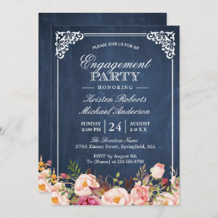 Engagement Party Pink Floral Blue Chalkboard Invitation