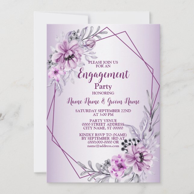 Engagement Party Pink Floral Purple Violet Modern Invitation (Front)