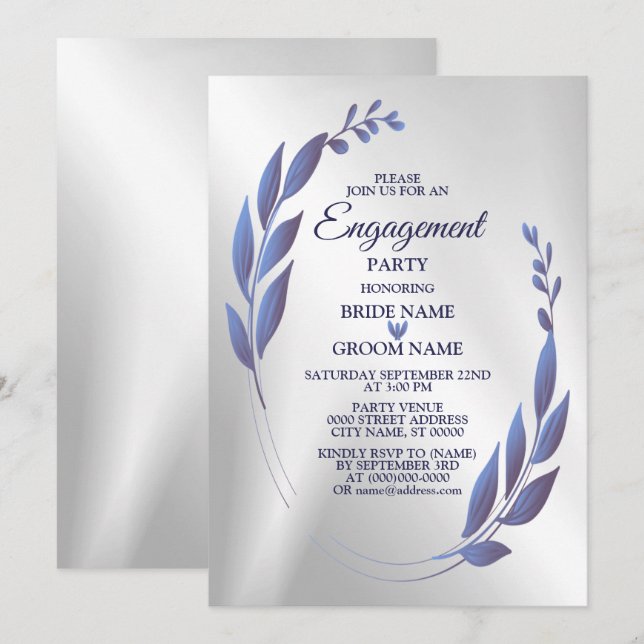 Engagement Party Purple Blue Floral Frame Silver Invitation (Front/Back)