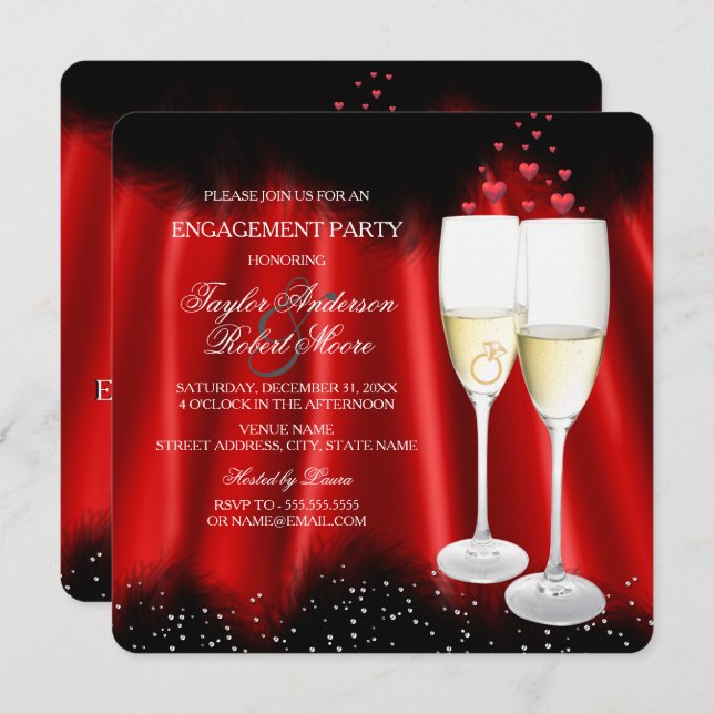 Engagement Party Red Black Champagne Ring Heart Invitation (Front/Back)