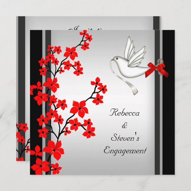 Engagement Party Red White Blossom Black Invitation (Front/Back)