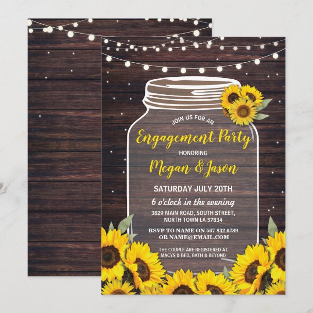 Engagement Party Rustic Jar Wood Sunflowers Invitation (Front/Back)
