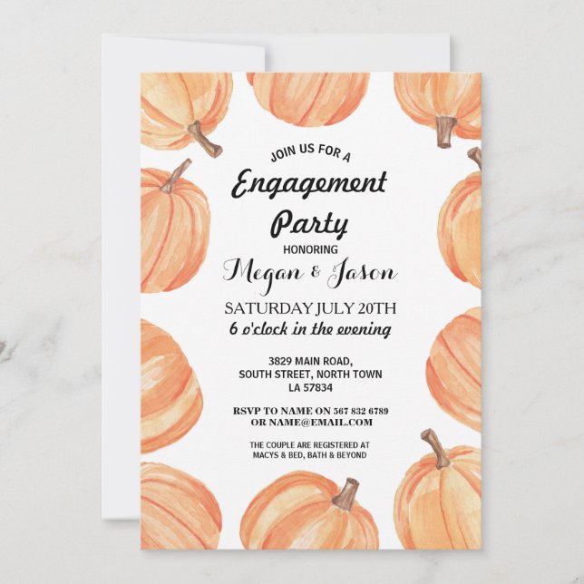 Engagement Party Rustic Pumpkin Watercolor Fall Invitation (Front)