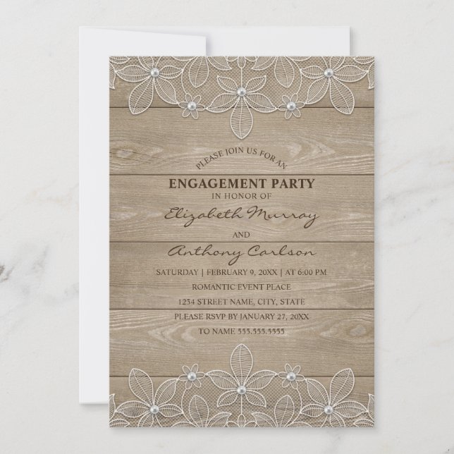 Engagement Party Rustic Wood Elegant Vintage Lace Invitation (Front)