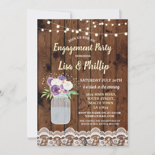 Engagement Party Rustic Wood Floral Jar Invite (Front)