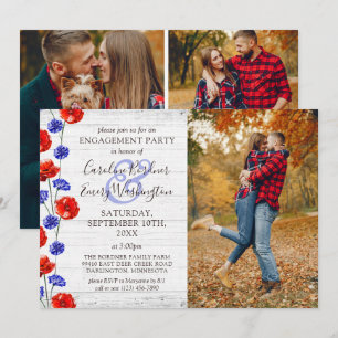 Engagement Party Rustic Wood & Red Poppy 4-Photo Invitation