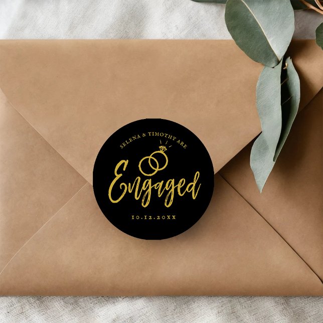 Engagement Party Script Lettering | Black Gold Classic Round Sticker (Creator Uploaded)