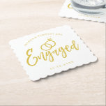 Engagement Party Script Lettering | Gold Paper Coaster<br><div class="desc">A fun and unique script lettered paper coaster tailored specifically to you an engagement party.  It features the word "engaged" with wedding rings resting over it. Underneath this and above it are the names of the bride and groom and the engagement date.</div>