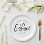 Engagement Party Script Lettering |  Paper Plate<br><div class="desc">A fun and unique script-lettered paper coaster tailored specifically to an engagement party.  It features the word "engaged" with wedding rings resting over it. Underneath this and above it are the names of the bride and groom and the engagement date.</div>