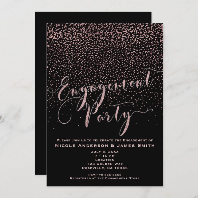 ENGAGEMENT PARTY Shower Black Rose Gold Confetti Invitation (Front/Back)