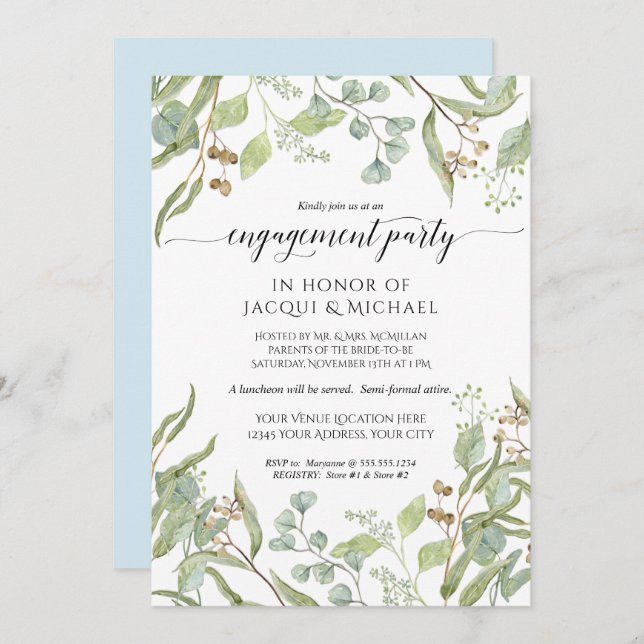 Engagement Party Watercolor Eucalyptus Leaves Blue Invitation (Front/Back)