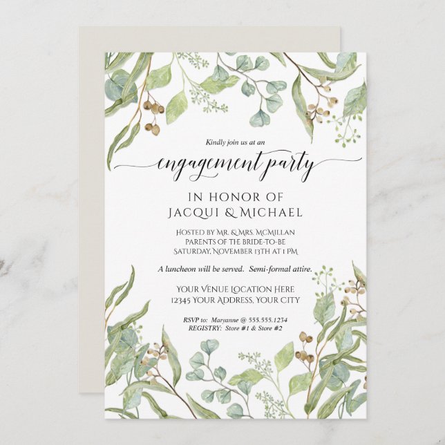Engagement Party Watercolor Seeded Eucalyptus Leaf Invitation (Front/Back)