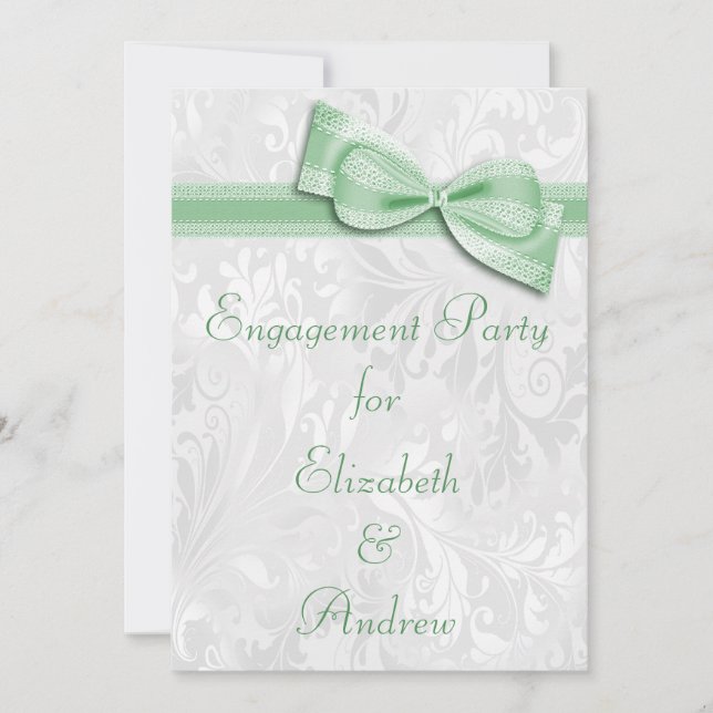 Engagement Party White Damask and  Faux Bow Invitation (Front)