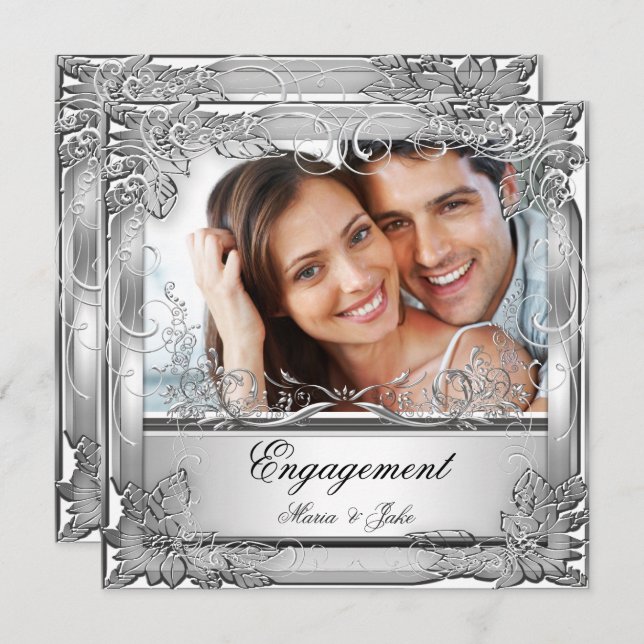 Engagement Party White Silver Photo Invitation (Front/Back)