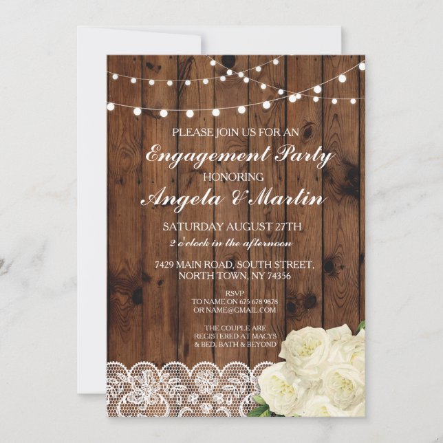 Engagement Party Wood Lights Lace Invite (Front)