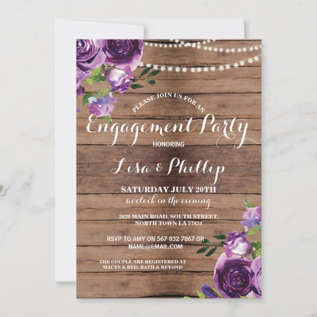 Engagement Party Wood Purple Flowers Shower Invite (Front)