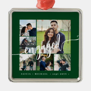 Engagement photo collage elegant script keepsake metal tree decoration