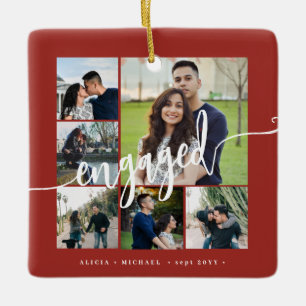 Engagement photo collage modern script ceramic ornament