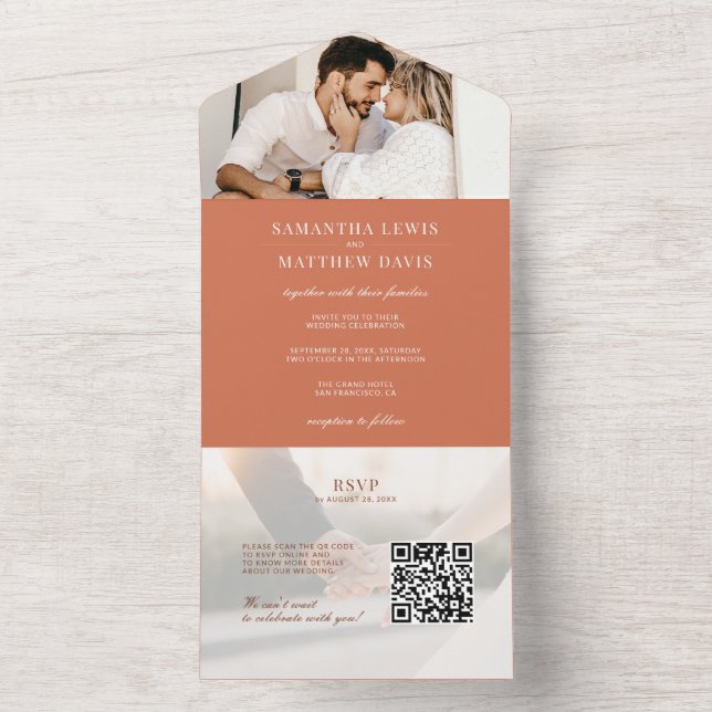 Engagement Photo Terracotta Wedding & RSVP QR Code All In One Invitation (Inside)