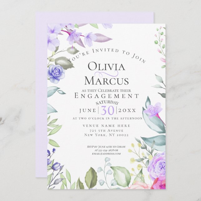 ENGAGEMENT | Pink And Lilac Floral Frame Invitation (Front/Back)